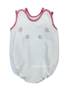Auraluz Sleeveless Bubble..White with raspberry check ruffle trim and embroidered butterflies
