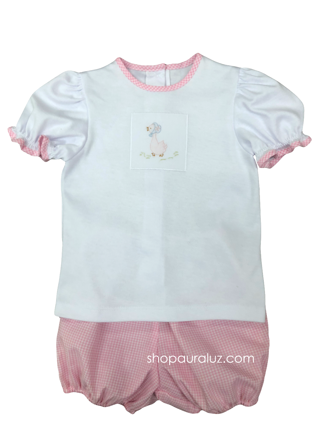 Auraluz Girl 2pc Set...White knit top with embroidered Mother Goose and pink check bloomer shorts