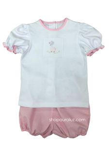 Auraluz Girl 2pc Set...White knit top with embroidered Mother Goose and pink check bloomer shorts