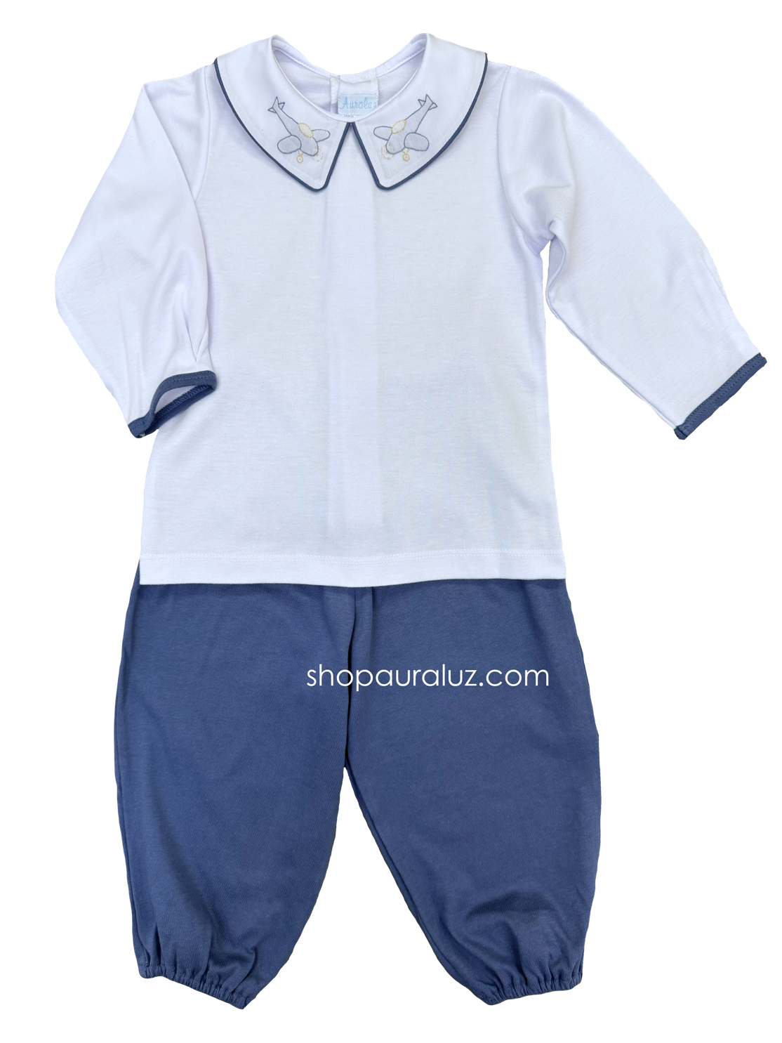Auraluz Knit Boy 2pc l/s...Slate/white with boy collar and embroidered airplanes