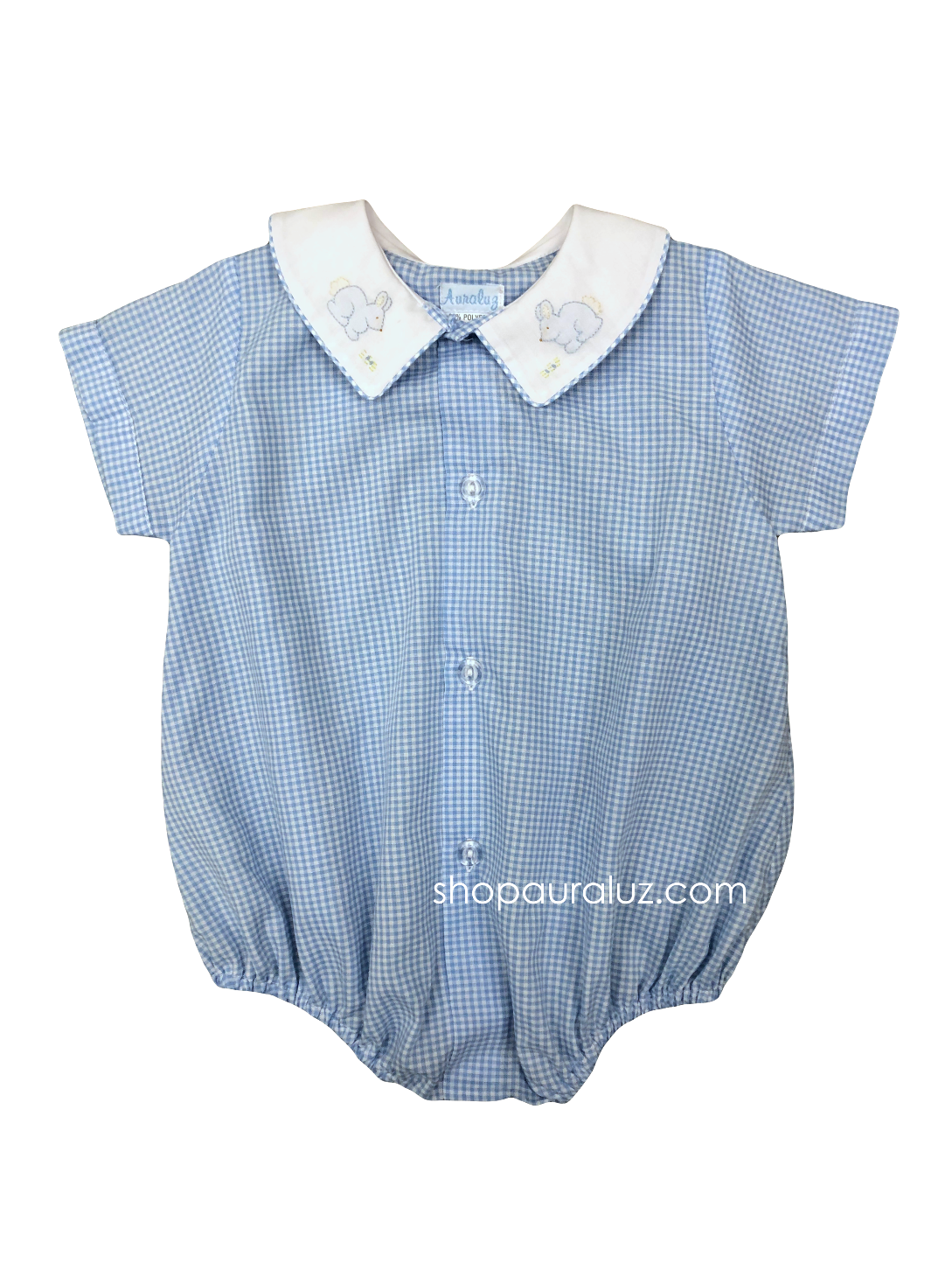 Auraluz Boy Bubble/Button-Front..Blue check w/white boy collar and embroidered bunnies