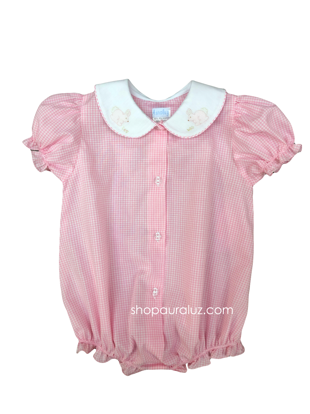 Auraluz Girl Bubble/Button-Front..Pink check w/white p.p. collar and embroidered bunnies