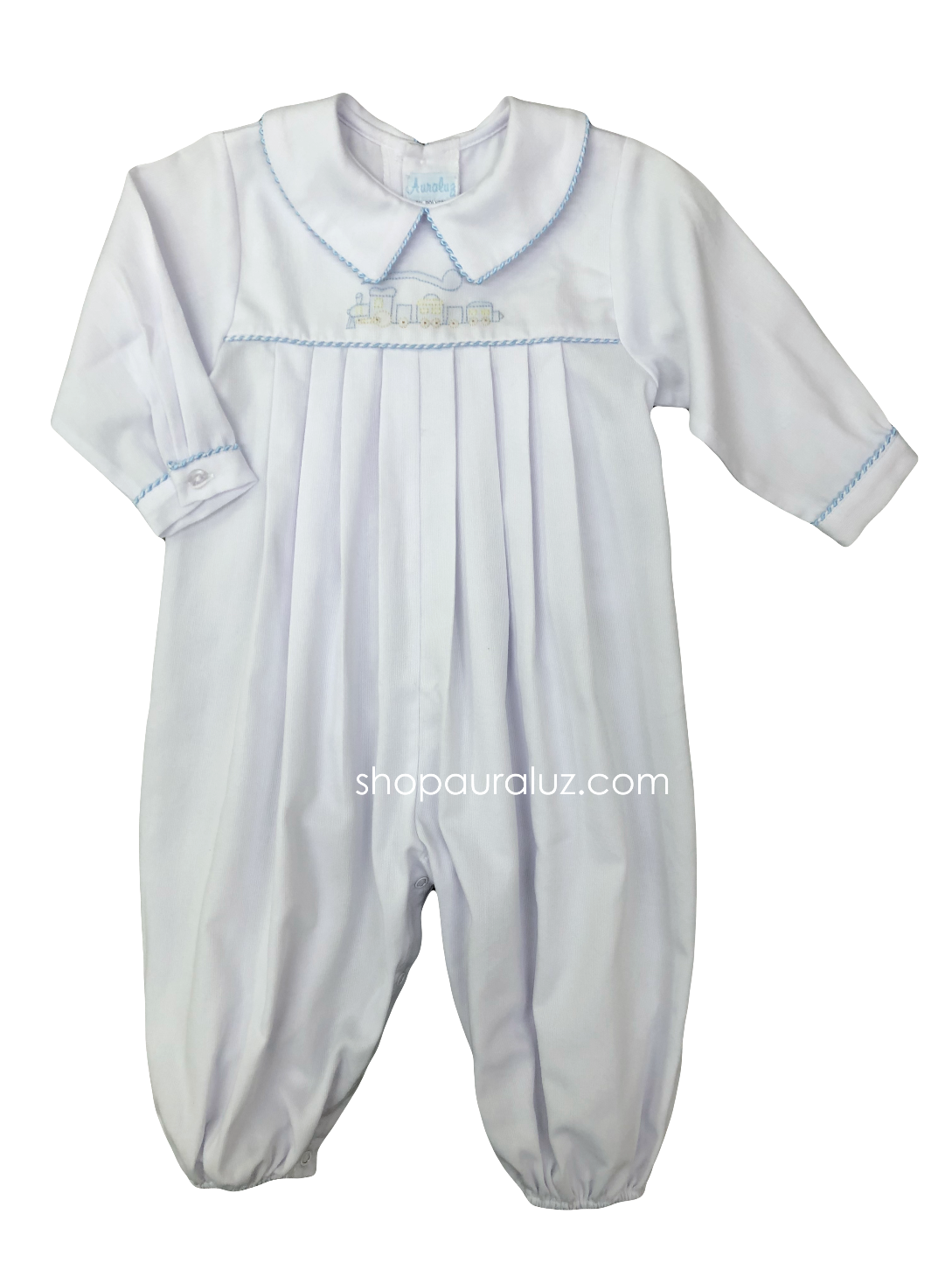 Auraluz Pique Boy Longall...White w/blue shiny cord trim and embroidered train