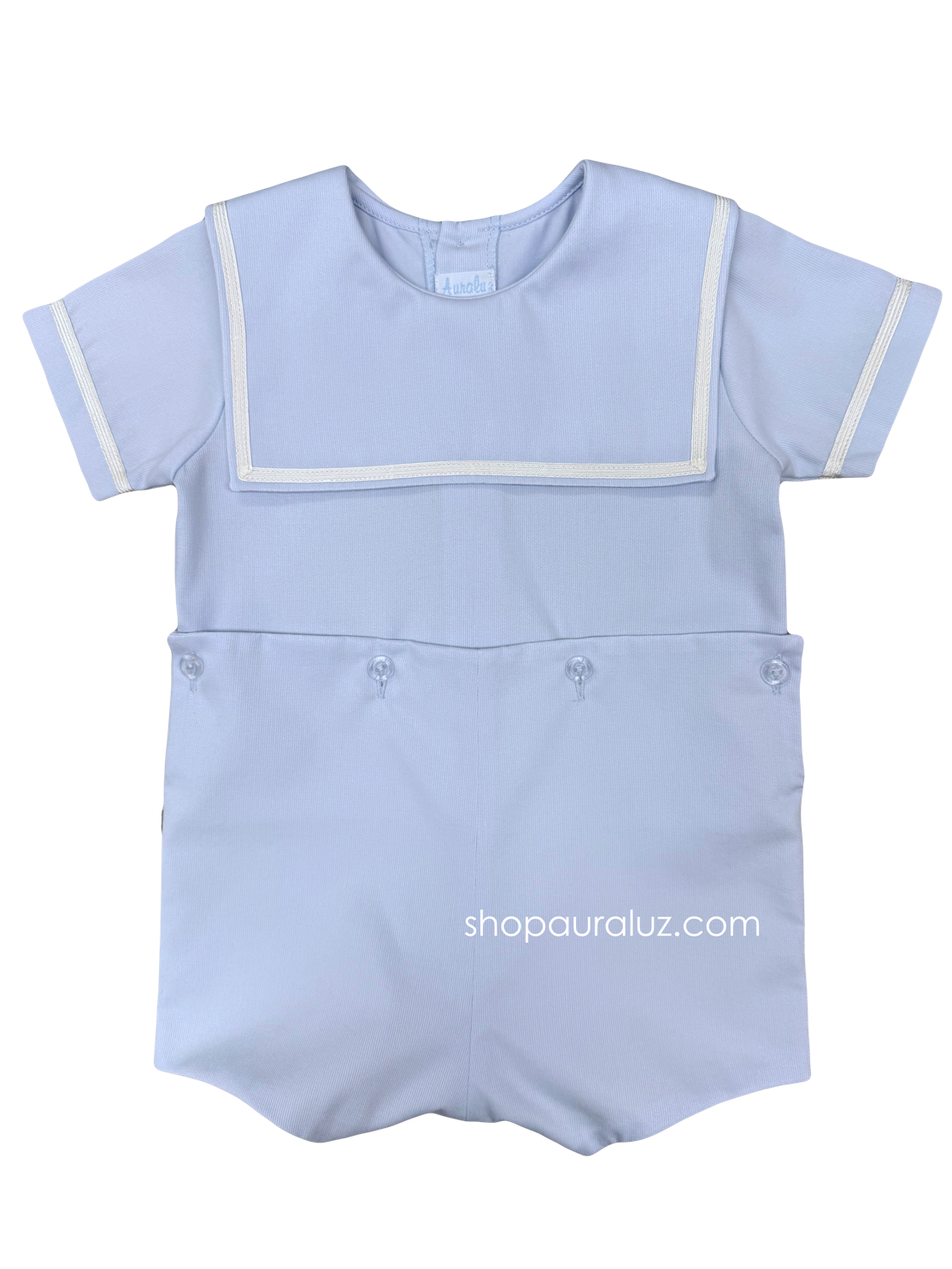 Auraluz Pique Button-On..Blue with square collar and white ribbon trim