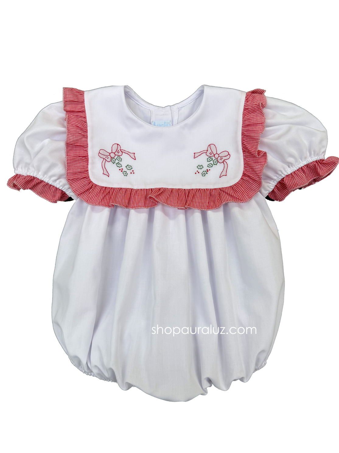 Auraluz Christmas Bubble...White w/white square collar, red check ruffle trim and embroidered bows