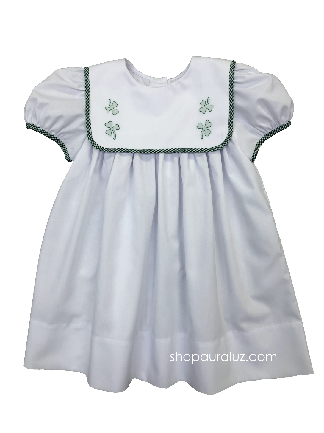 Auraluz Dress...White w/green check trim and embroidered shamrocks. STORE EXCLUSIVE!