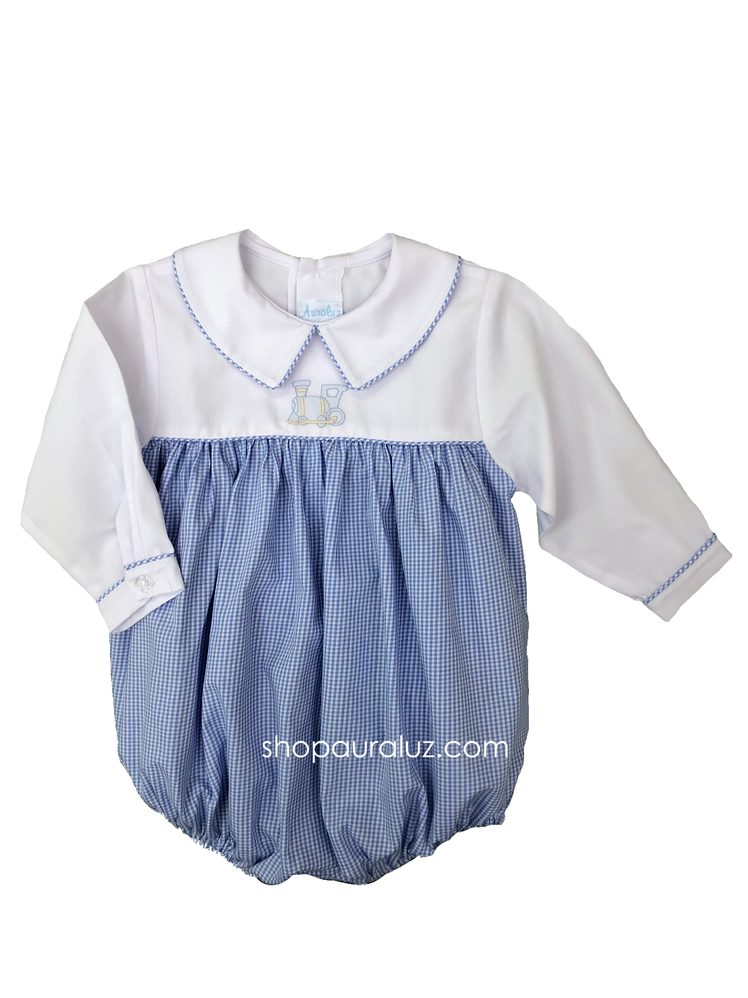 Auraluz Boy Bubble...Blue check w/white long sleeves and boy collar with embroidered train