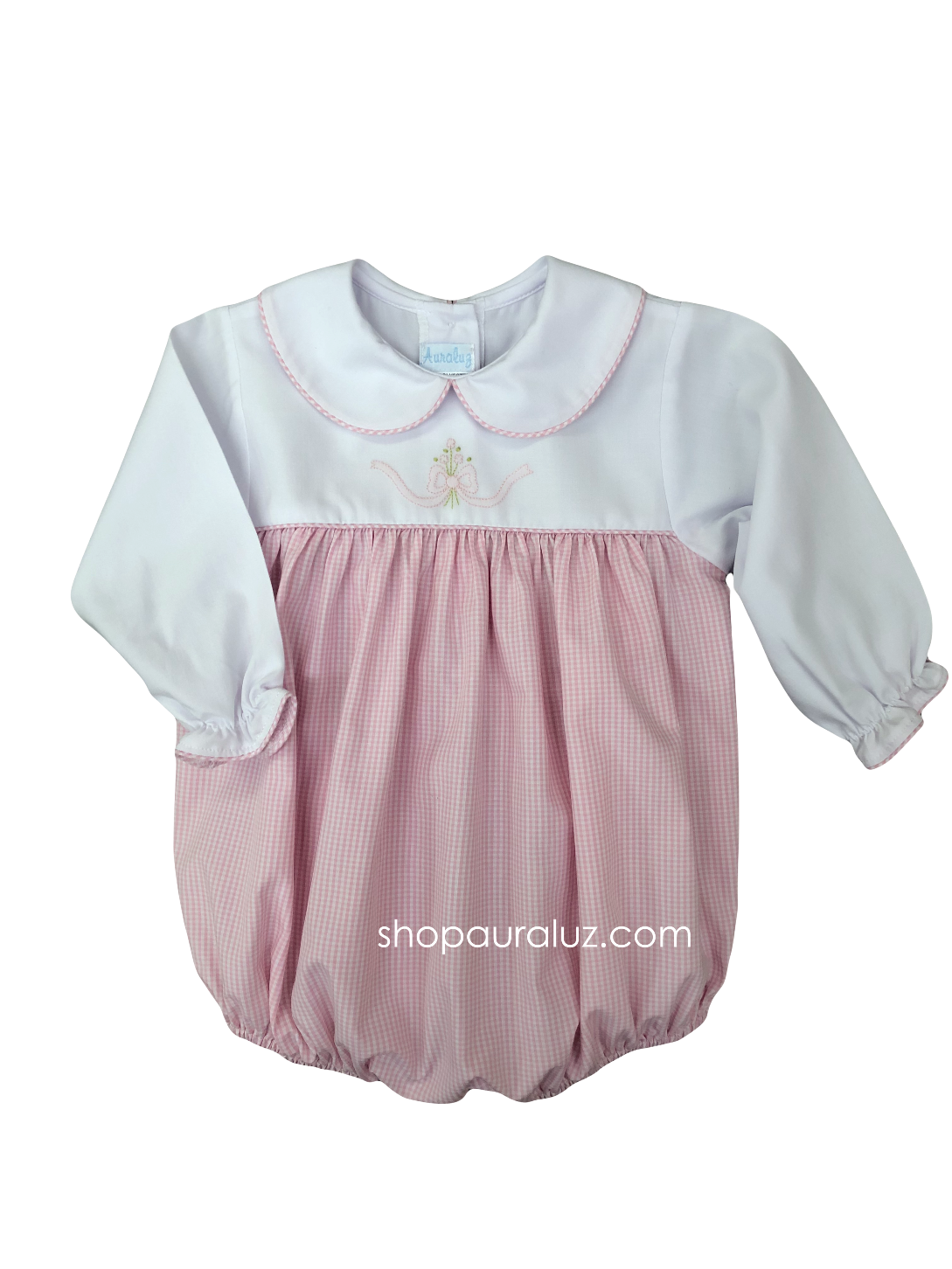 Auraluz Girl Bubble...Pink check w/white long sleeves and p.p. collar with embroidered bow