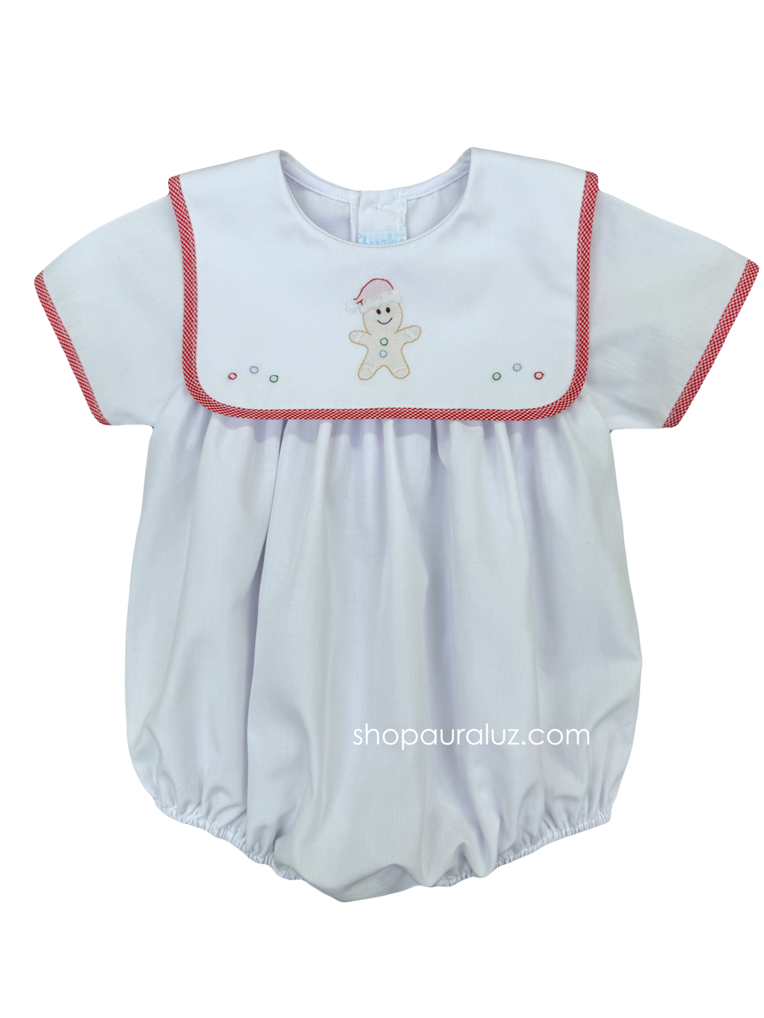 Auraluz Christmas Boy Bubble...White w/red check trim and embroidered gingerbread man