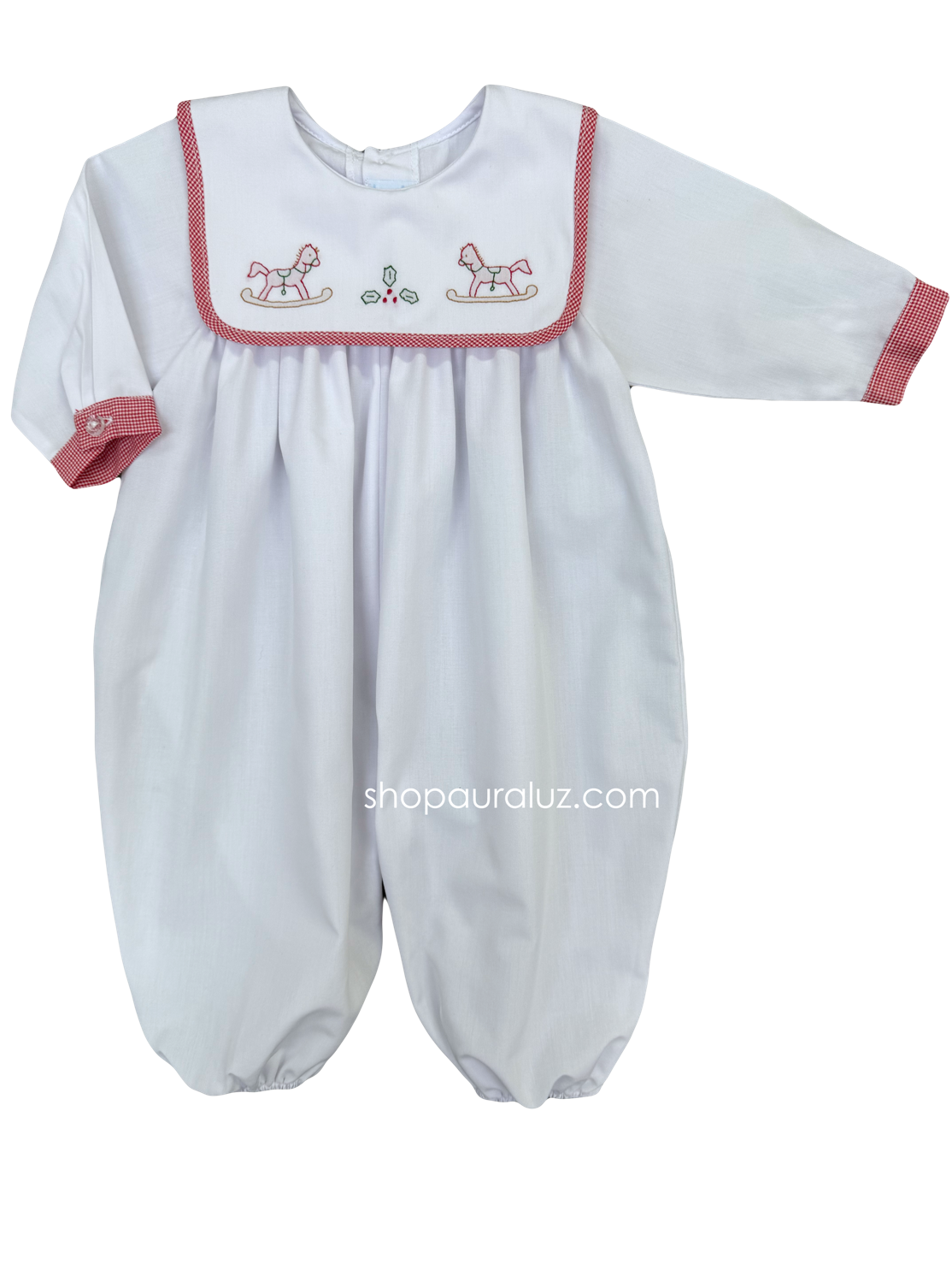 Auraluz Christmas Longall...White w/white square collar, red check trim and embroidered rocking horses