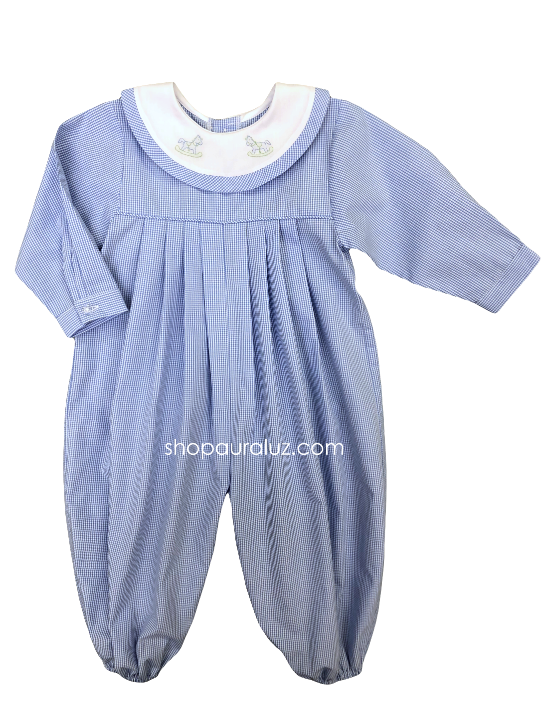 Auraluz Boy Longall...Blue micro check w/round collar and embroidered rocking horses