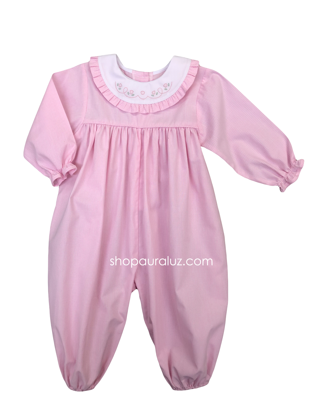 Auraluz Girl Longall...Pink micro check w/round ruffle trim collar and embroidered flowers