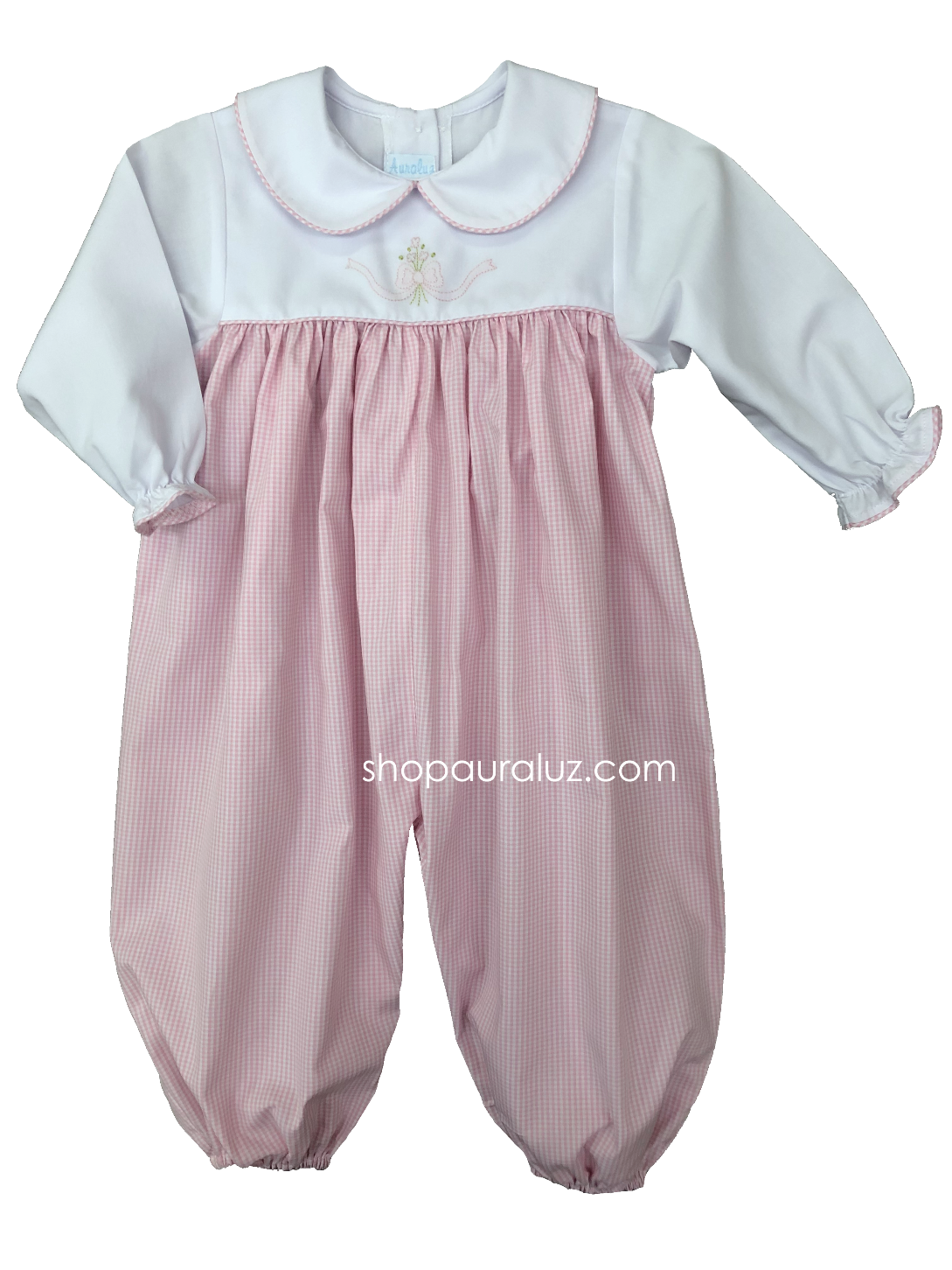 Auraluz Girl Longall...Pink check w/white long sleeves and p.p. collar with embroidered bow