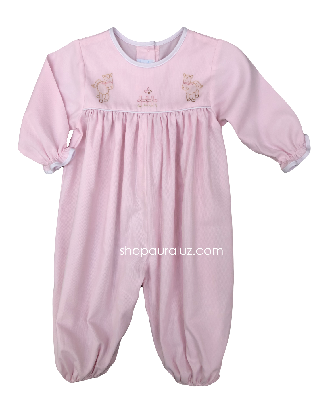 Auraluz Pique Girl Longall...Pink with white binding trim and embroidered pony