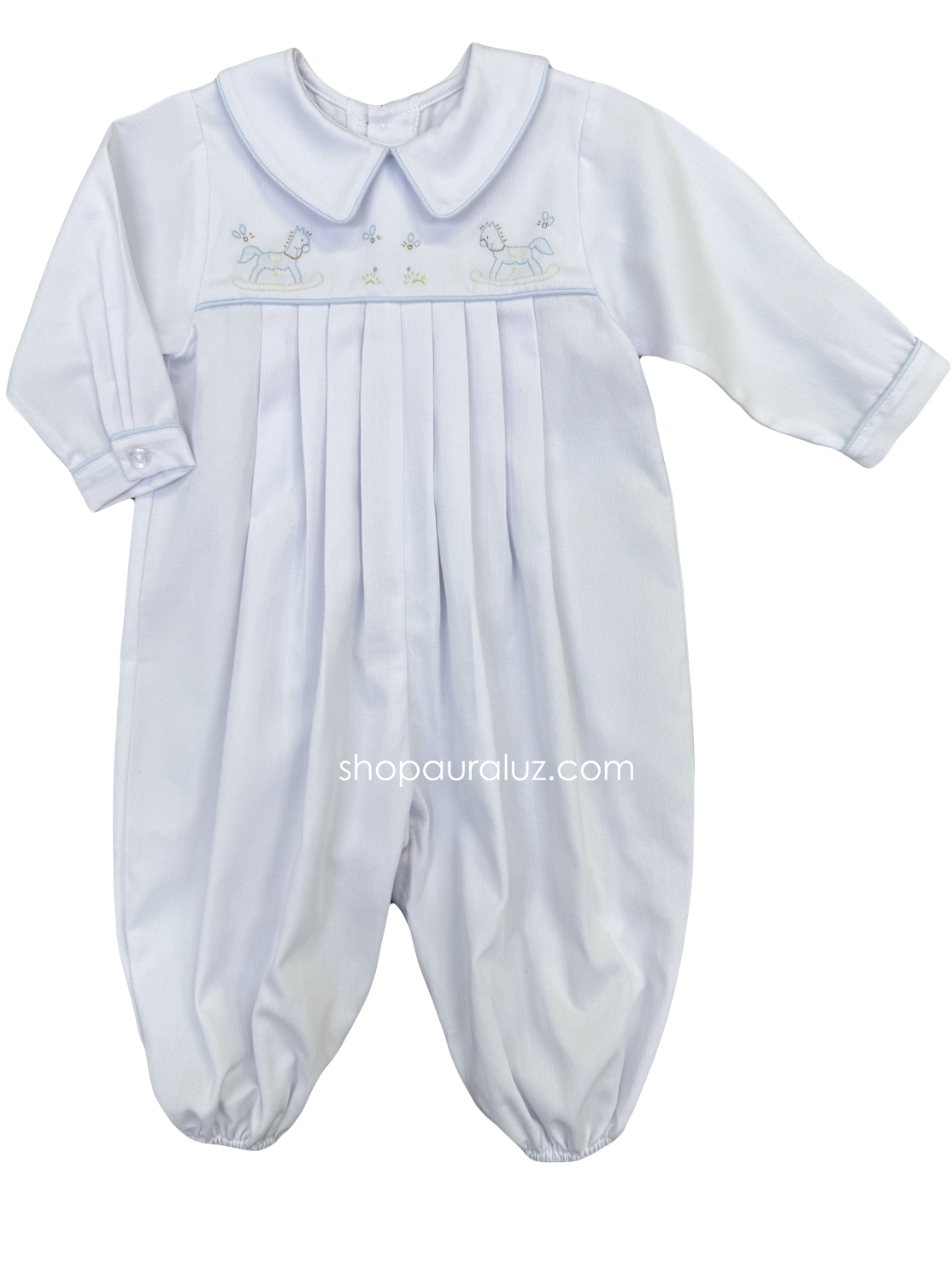 Auraluz Pique Boy Longall...White w/blue piping trim and embroidered rocking horses