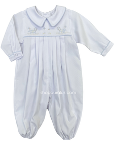 Auraluz Pique Boy Longall...White w/blue piping trim and embroidered rocking horses