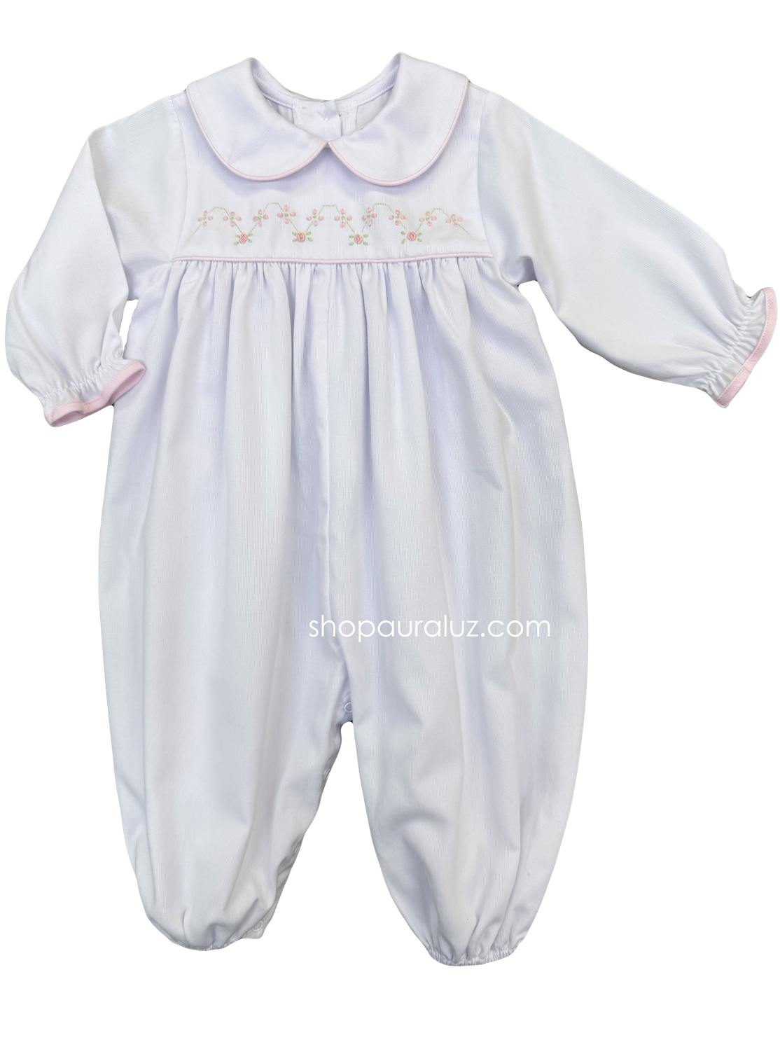Auraluz Pique Girl Longall...White w/pink piping trim and embroidered flowers