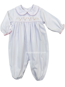 Auraluz Pique Girl Longall...White w/pink piping trim and embroidered flowers