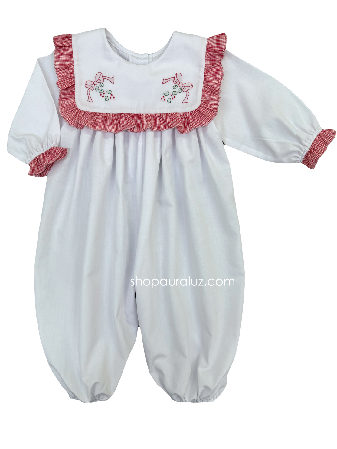 Auraluz Christmas Longall...White w/white square collar, red check ruffle trim and embroidered bows