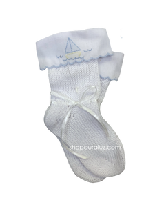 Auraluz Knit Socks...White with blue scallop trim and embroidered boat