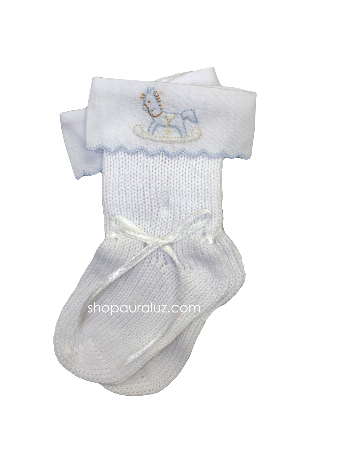 Auraluz Knit Socks...White with blue scallop trim and embroidered rocking horse