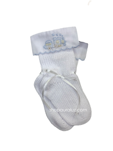 Auraluz Knit Socks...White with blue scallop trim and embroidered train