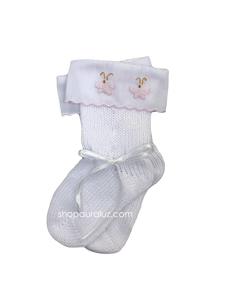 Auraluz Knit Socks...White with pink scallop trim and embroidered butterflies