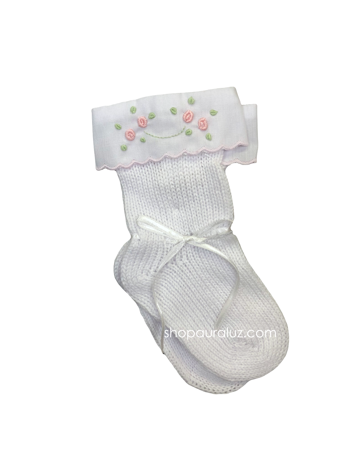 Auraluz Knit Socks...White with pink scallop trim and embroidered tiny buds