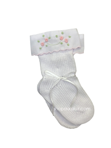 Auraluz Knit Socks...White with pink scallop trim and embroidered tiny buds