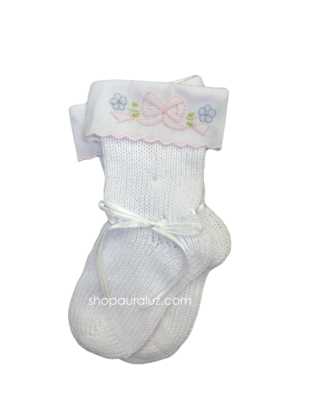 Auraluz Knit Socks...White with pink scallop trim and embroidered bow