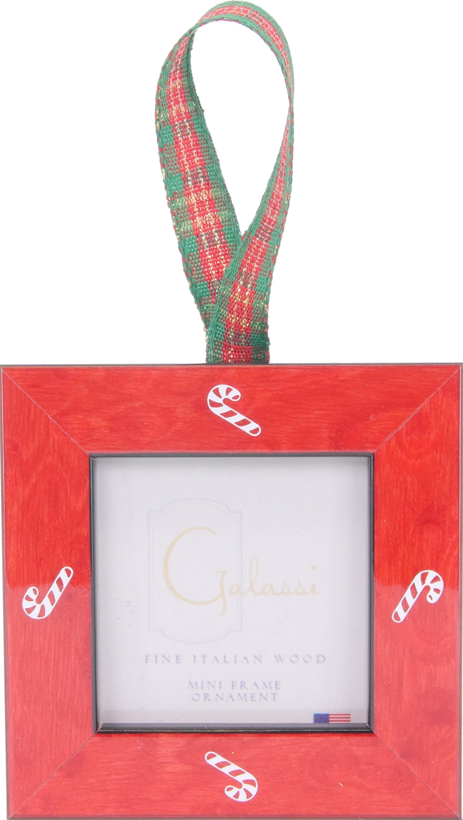 Galassi Red with Candy Cane Print Wood Mini Frame Ornament