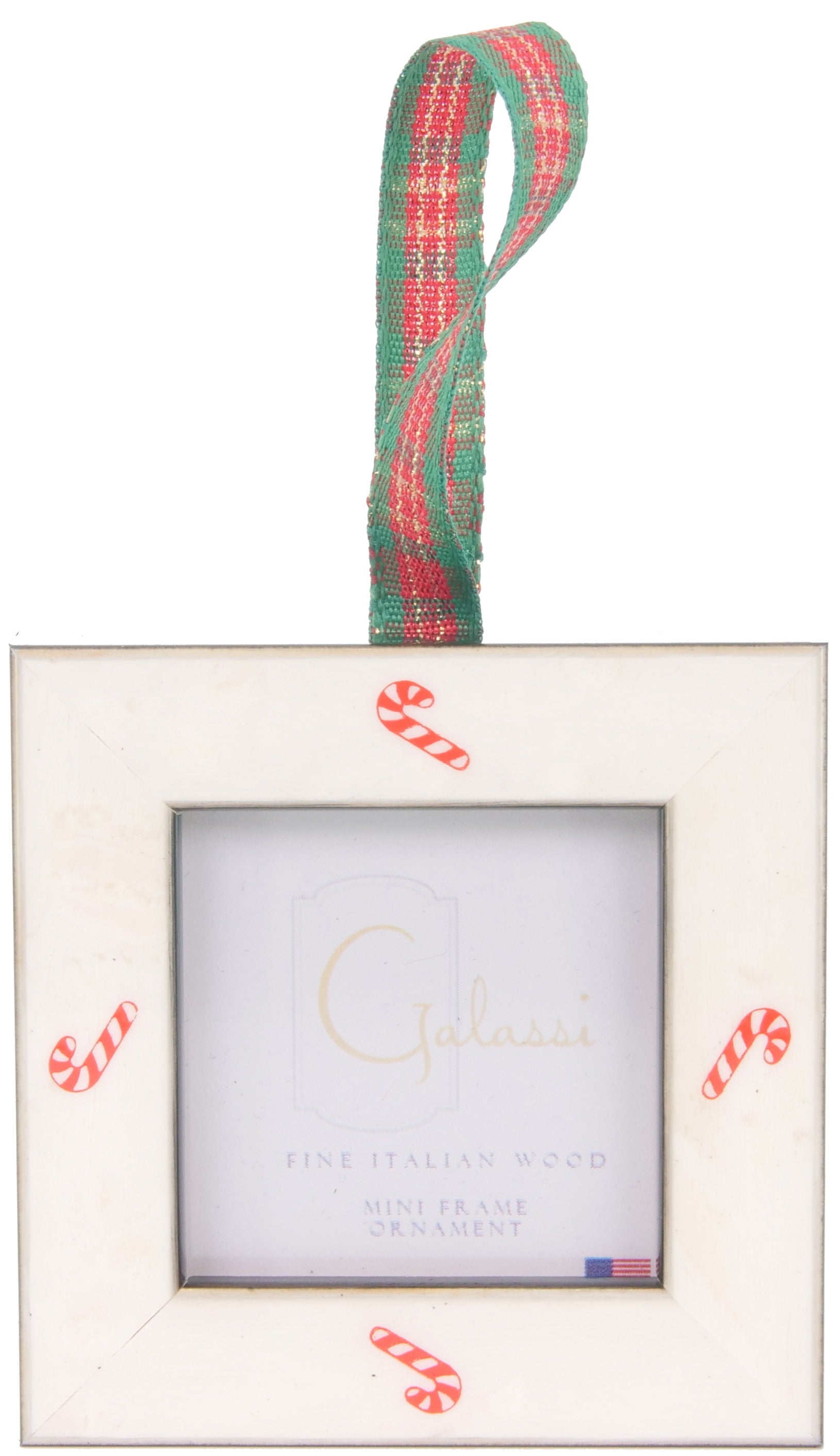 Galassi White with Candy Cane Print Wood Mini Frame Ornament