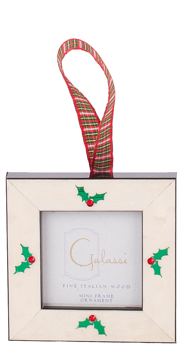 Galassi White Burl with Holly Print Wood Mini Frame Ornament