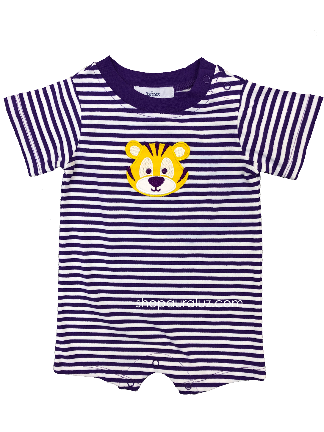 Purple/White Stripe Boy Romper with tiger applique