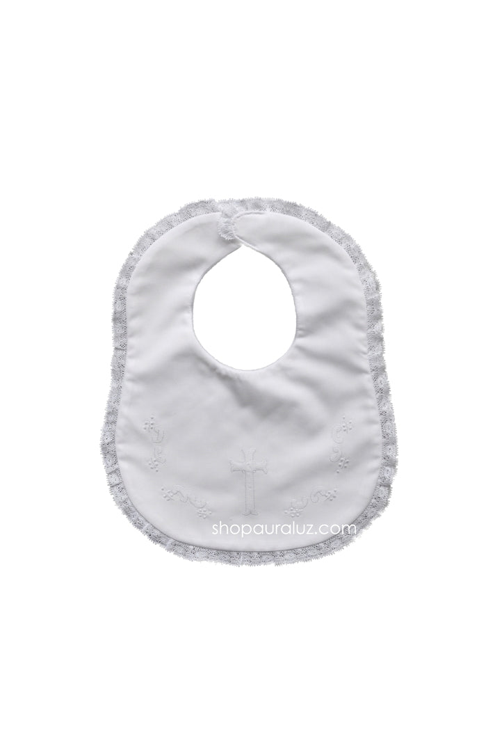 Auraluz Christening Bib..White with white lace and embroidered cross