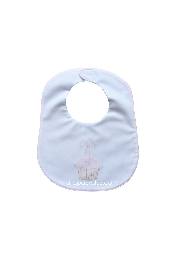Auraluz Bib...White with pink binding trim and embroidered cupcake