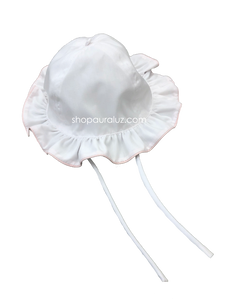 Auraluz Girl Sun Hat...White with ruffle edge and  pink piping trim