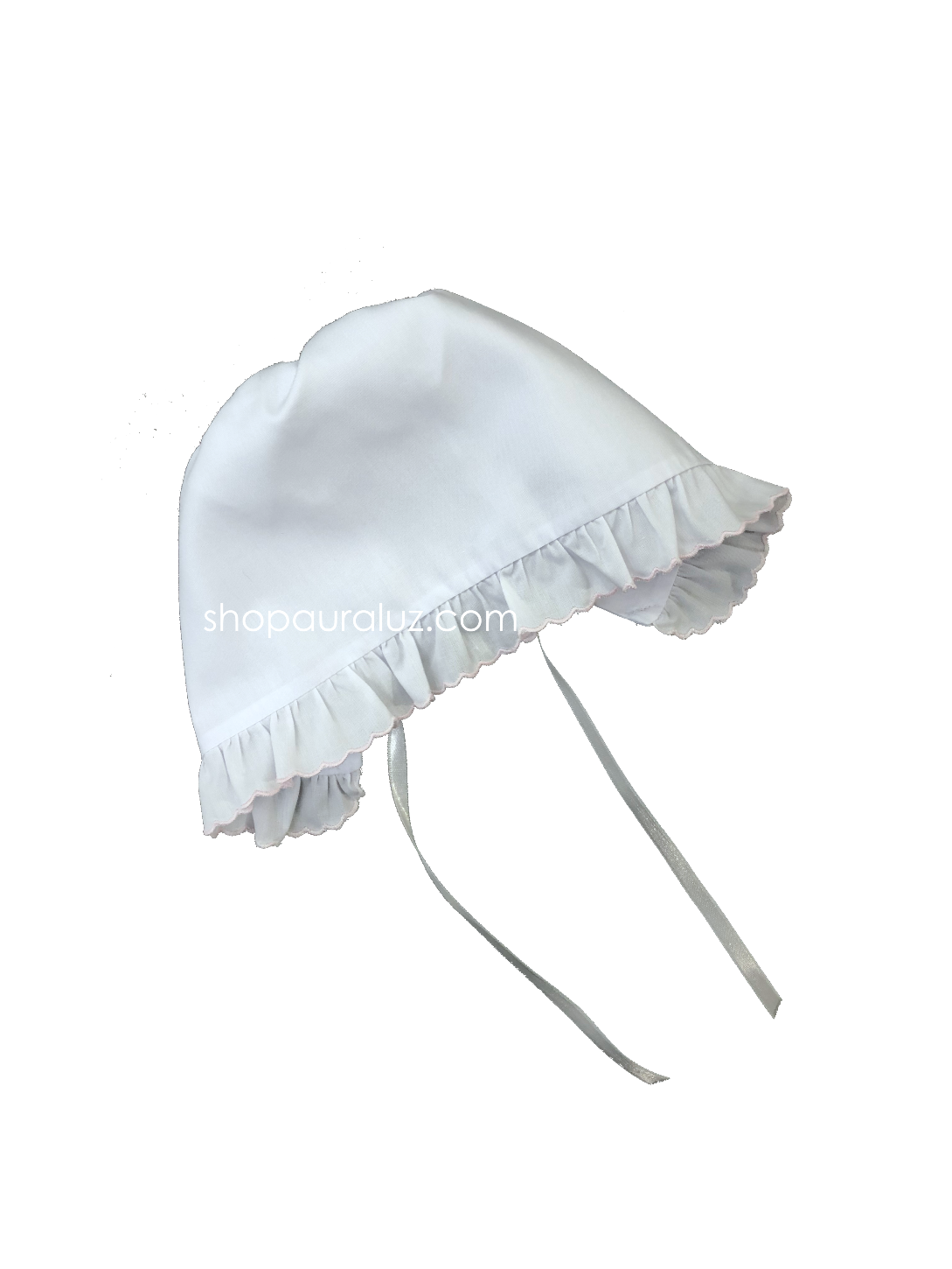 Auraluz Baby Hat...White with pink scallop trim and small ruffle
