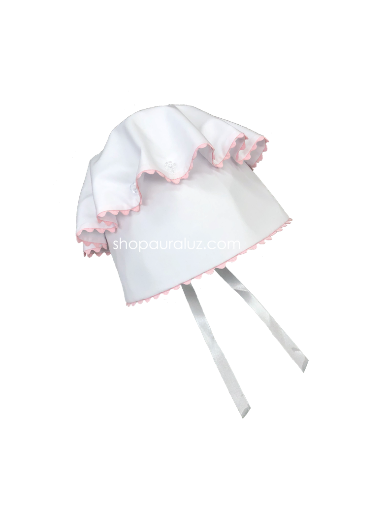 Auraluz Button Bonnet..White with pink ric-rac