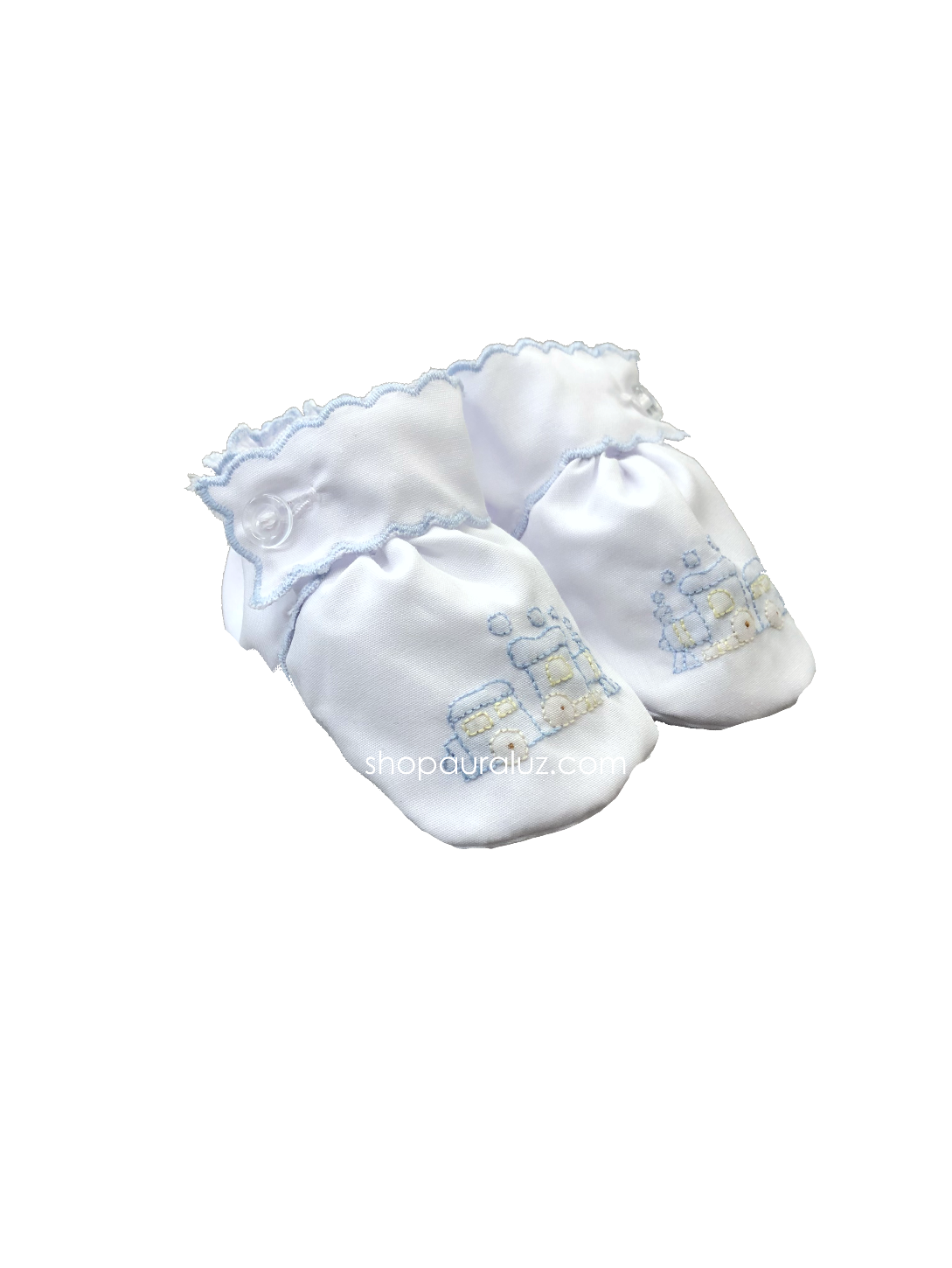 Auraluz Baby Shoe...White with blue scallops and embroidered train