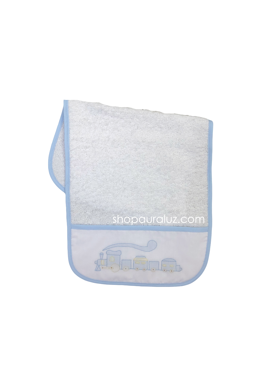 Auraluz..Terry Burp Cloth with blue binding trim and embroidered train