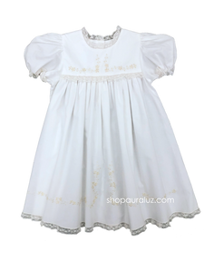 Auraluz Dress..White with ecru lace, no collar and ecru embroidered flowers