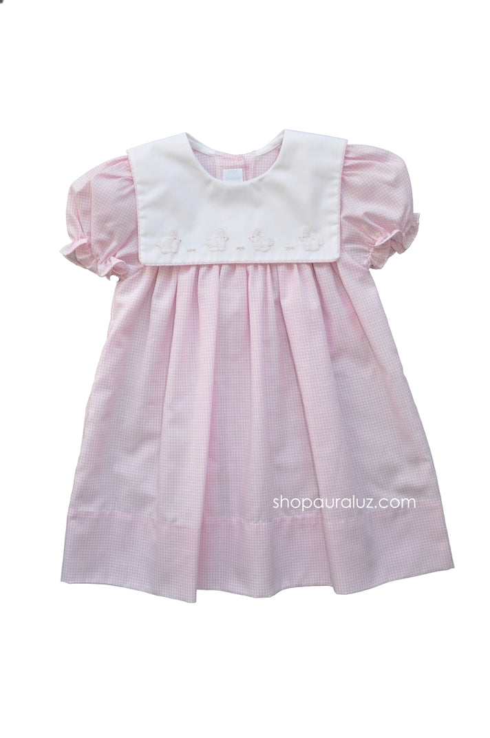 Auraluz Dress..Pink check with sq.collar and embroidered bunnies