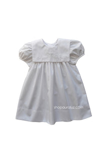 Auraluz Dress...White with square collar, white binding trim and embroidered cross