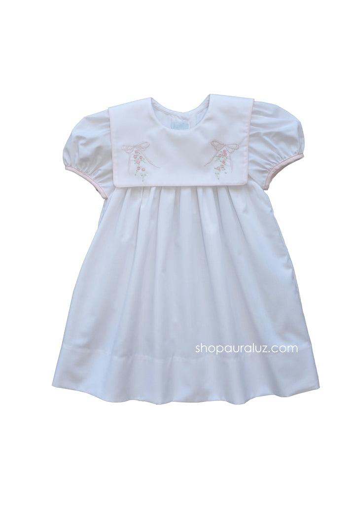 Auraluz Dress...White with square collar,pink binding trim and embroidered bows