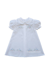 Auraluz Baby Dress...White with blue scallop trim and embroidered birds