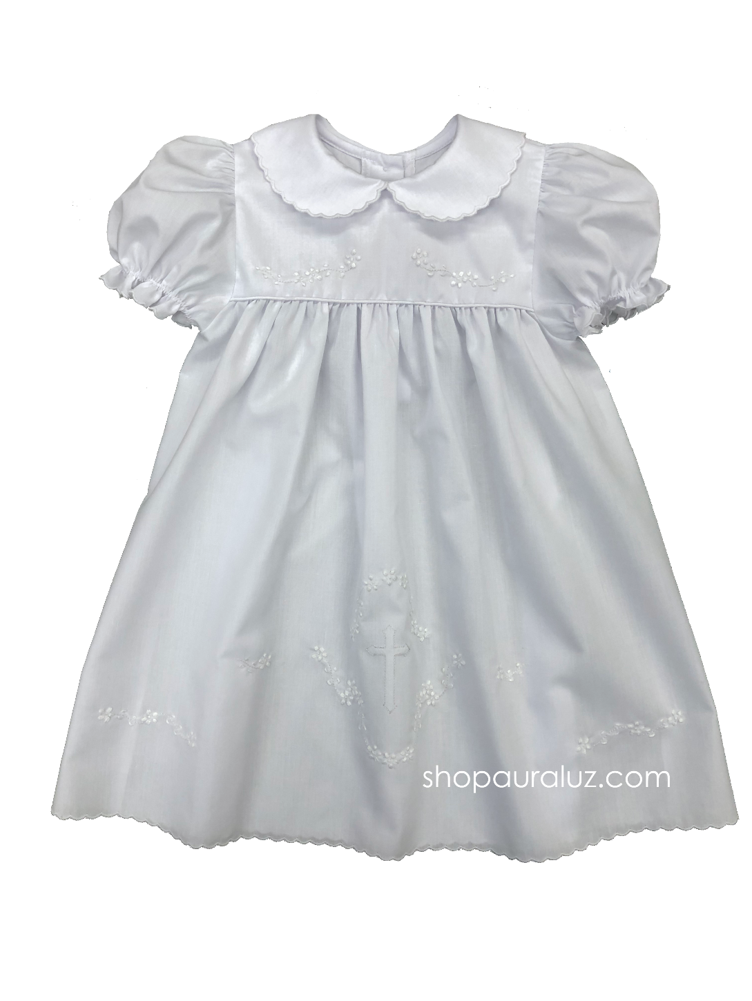Auraluz Dress...White with white scallop trim, p.p.collar and embroidered cross