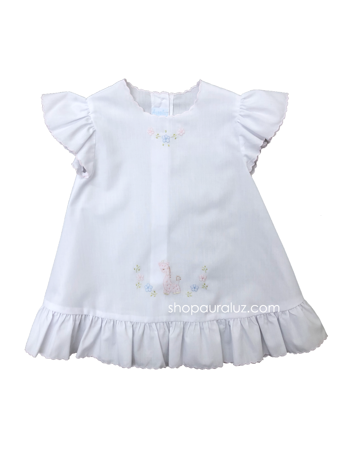 Auraluz Baby Dress..White with ruffle sleeve/hem and pink embroidered giraffe