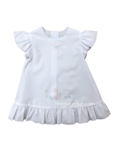 Auraluz Baby Dress..White with ruffle sleeve/hem and pink embroidered giraffe