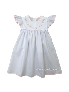 Auraluz Dress Angel Sleeve..White with pink trim and embroidered tiny buds